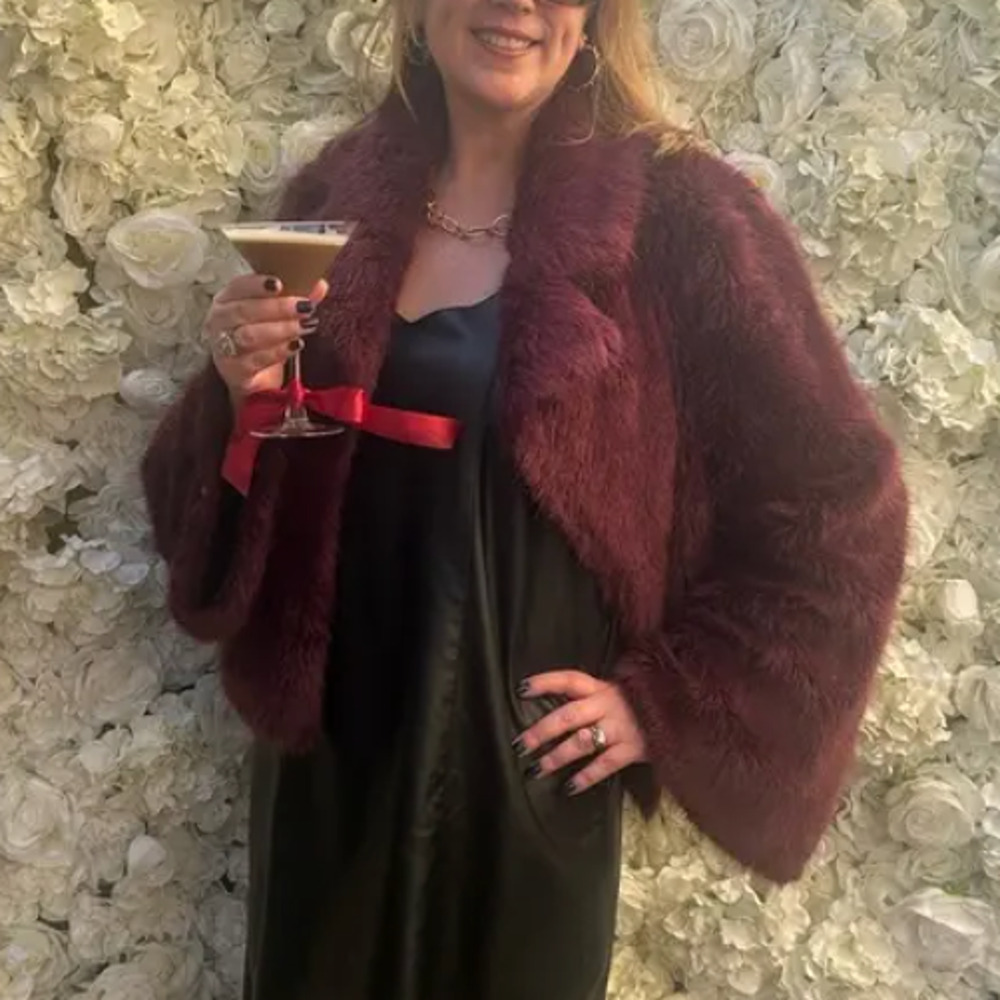 Unreal Fur Burgundy Faux Fur Jacket LARGE Formal Glam Teddy Coat Designer $339 - Picture 9 of 10